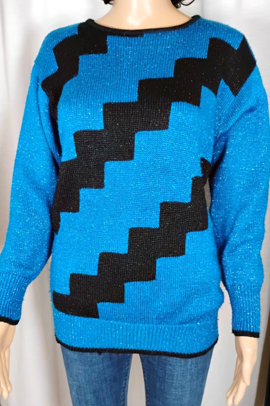 Vintage 80s Liz Claiborne Women M Bold Zigzag Metallic Sweater Blouson Crewneck